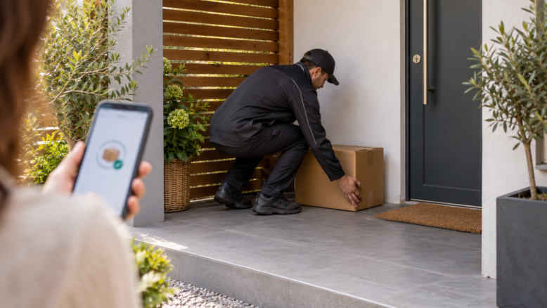 Paketzusteller legt eine Sendung an einem geschützten privaten Ablageort ab