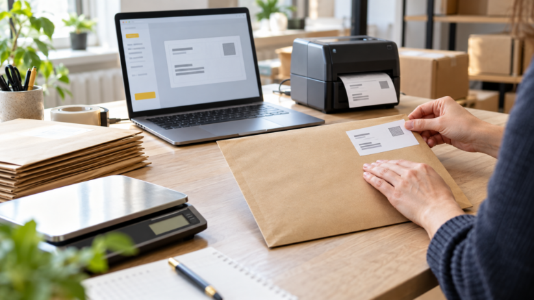 Internetmarke der Deutschen Post wird im Büro ausgedruckt und auf einen Brief geklebt
