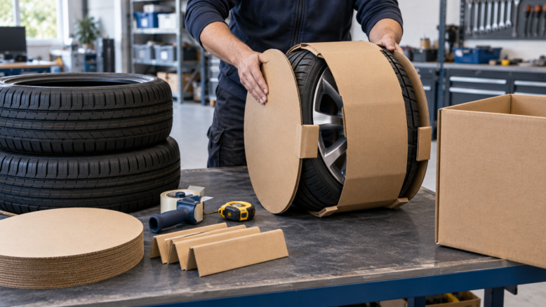Komplettrad wird mit Pappscheiben und Kartonmantel für den Reifenversand verpackt