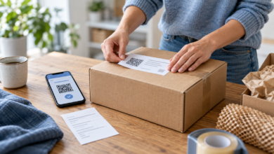 Rücksendeetikett wird auf ein sicher verpacktes Retourenpaket geklebt