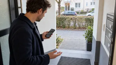 Empfänger prüft das Smartphone an einer leeren Haustür